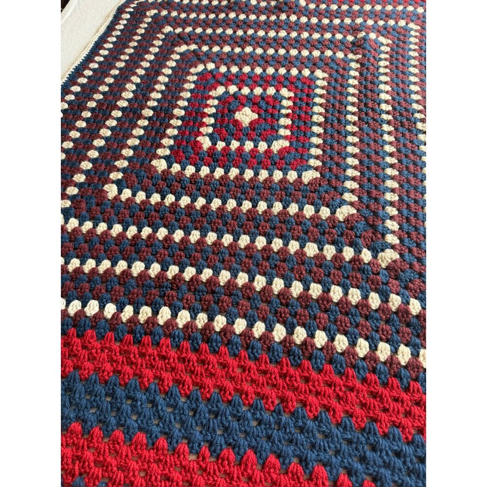 Handmade Crochet Granny Square Lap Throw Blanket Red Blue Cream 30x54